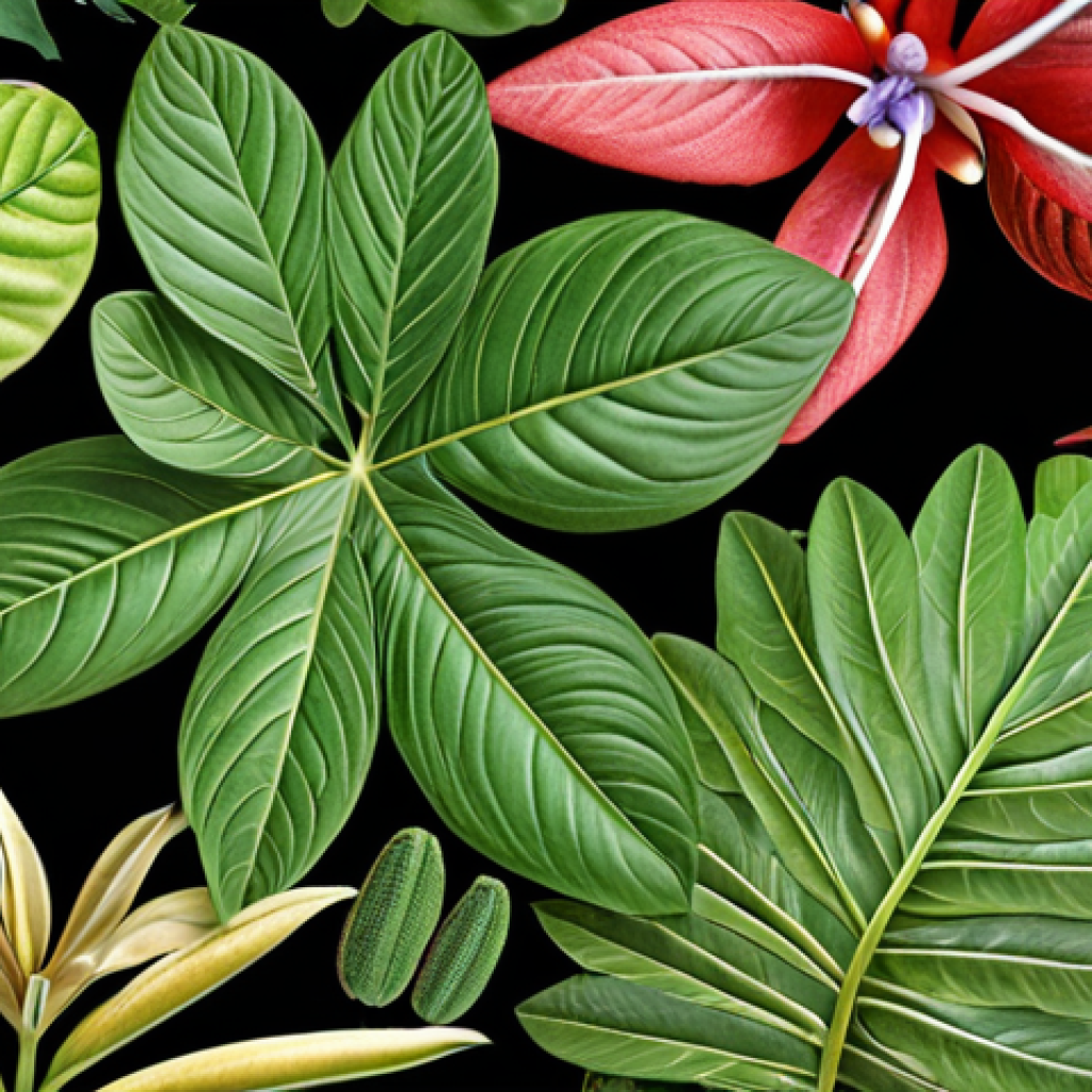 ** Close-up of diverse plant species showcasing unique leaf shapes, flower types, and stem structures for plant identification practice.

**