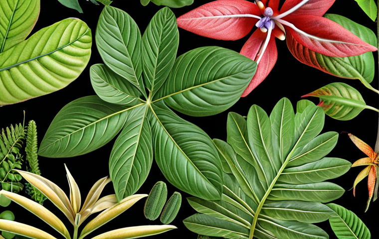 ** Close-up of diverse plant species showcasing unique leaf shapes, flower types, and stem structures for plant identification practice.
**