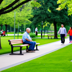 A diverse group of individuals, including adults and children, enjoying a vibrant urban park. The people are fully clothed in modest, comfortable, family-friendly attire, engaged in activities like walking on pathways, playing on green lawns, and sitting peacefully on benches. The park is lush with mature trees, colorful flowering plants, and well-maintained green spaces. Modern city buildings are visible in the background, integrated harmoniously with the extensive greenery, signifying a balanced urban ecosystem. The scene is well-lit with natural light, showcasing perfect anatomy, correct proportions, and natural poses for all subjects. This is a high-quality, professional photograph, appropriate content, and safe for work.