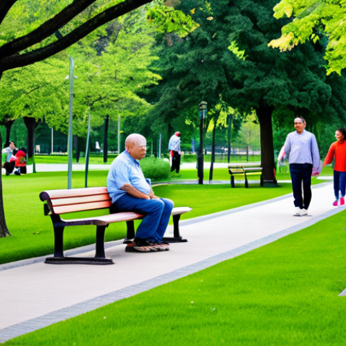 A diverse group of individuals, including adults and children, enjoying a vibrant urban park. The people are fully clothed in modest, comfortable, family-friendly attire, engaged in activities like walking on pathways, playing on green lawns, and sitting peacefully on benches. The park is lush with mature trees, colorful flowering plants, and well-maintained green spaces. Modern city buildings are visible in the background, integrated harmoniously with the extensive greenery, signifying a balanced urban ecosystem. The scene is well-lit with natural light, showcasing perfect anatomy, correct proportions, and natural poses for all subjects. This is a high-quality, professional photograph, appropriate content, and safe for work.