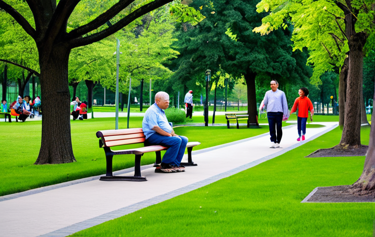 A diverse group of individuals, including adults and children, enjoying a vibrant urban park. The people are fully clothed in modest, comfortable, family-friendly attire, engaged in activities like walking on pathways, playing on green lawns, and sitting peacefully on benches. The park is lush with mature trees, colorful flowering plants, and well-maintained green spaces. Modern city buildings are visible in the background, integrated harmoniously with the extensive greenery, signifying a balanced urban ecosystem. The scene is well-lit with natural light, showcasing perfect anatomy, correct proportions, and natural poses for all subjects. This is a high-quality, professional photograph, appropriate content, and safe for work.