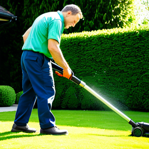 A professional male landscaper, fully clothed in a modest work shirt and durable trousers, confidently operating a modern, battery-powered leaf blower. He stands amidst a meticulously manicured residential garden with vibrant green lawn and neatly trimmed hedges. The scene is bathed in bright, natural sunlight, showcasing the efficiency of contemporary tools. Professional photography, high-resolution, sharp focus, safe for work, appropriate content, fully clothed, professional, perfect anatomy, correct proportions, natural pose, well-formed hands, proper finger count, natural body proportions.
