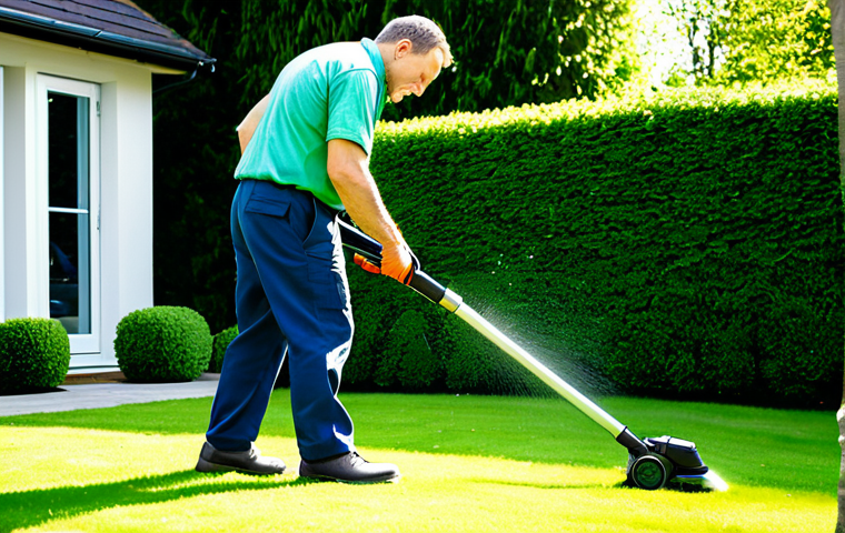 A professional male landscaper, fully clothed in a modest work shirt and durable trousers, confidently operating a modern, battery-powered leaf blower. He stands amidst a meticulously manicured residential garden with vibrant green lawn and neatly trimmed hedges. The scene is bathed in bright, natural sunlight, showcasing the efficiency of contemporary tools. Professional photography, high-resolution, sharp focus, safe for work, appropriate content, fully clothed, professional, perfect anatomy, correct proportions, natural pose, well-formed hands, proper finger count, natural body proportions.