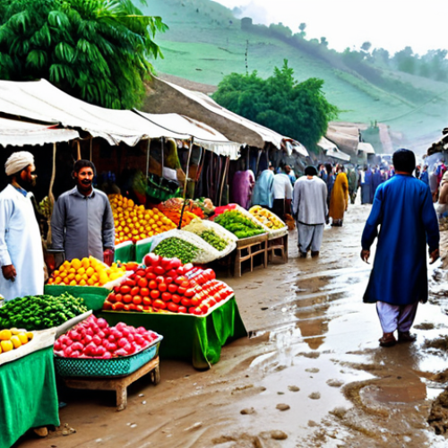 **

"A bustling Pakistani farmer's market scene during the day. Vendors in colourful, modest shalwar kameez are displaying fresh fruits and vegetables in neatly arranged stalls. Customers, also in traditional attire, are browsing and bargaining.  Background shows a village scene with mud houses and lush green fields.  Safe for work, appropriate content, fully clothed, professional photography, perfect anatomy, correct proportions, vibrant colours, high resolution, family-friendly."

**