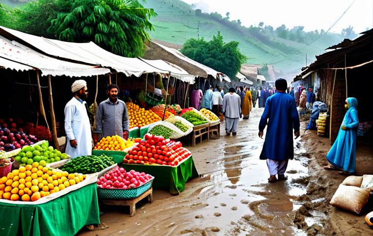 **

"A bustling Pakistani farmer's market scene during the day. Vendors in colourful, modest shalwar kameez are displaying fresh fruits and vegetables in neatly arranged stalls. Customers, also in traditional attire, are browsing and bargaining.  Background shows a village scene with mud houses and lush green fields.  Safe for work, appropriate content, fully clothed, professional photography, perfect anatomy, correct proportions, vibrant colours, high resolution, family-friendly."

**
