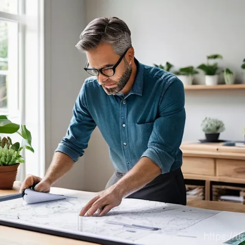 조경 프로젝트 일정 지연 문제 해결 방법 - **Prompt:** "A focused landscape architect, a person in their late 30s with a keen eye, meticulously...