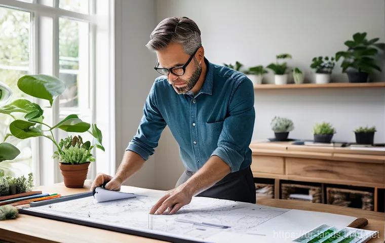 조경 프로젝트 일정 지연 문제 해결 방법 - **Prompt:** "A focused landscape architect, a person in their late 30s with a keen eye, meticulously...