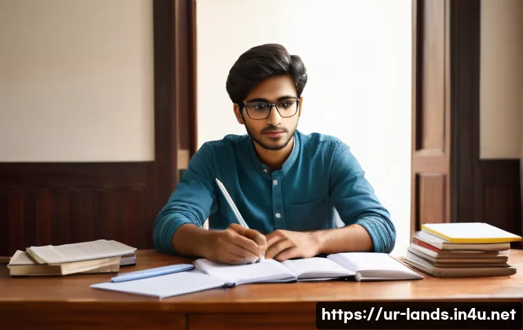 조경 필기 시험 준비 중 흔한 실수 - A focused South Asian male student in his early twenties, wearing modest casual clothing and glasses...