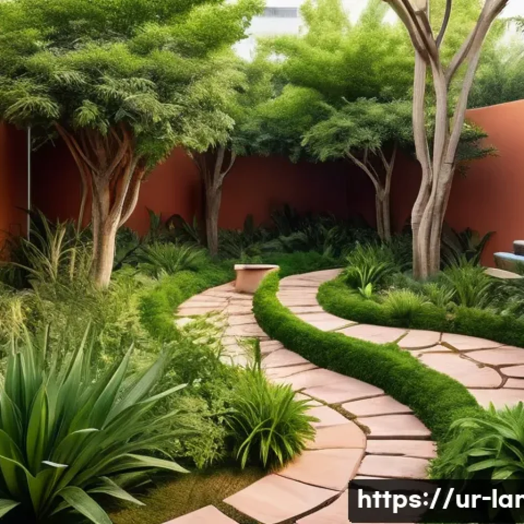 조경 관련 공모전 참가 준비 - A sustainable landscape garden in an urban setting in Pakistan, featuring native plants such as neem...