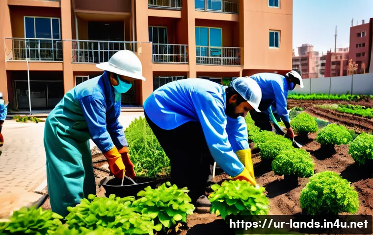 조경 실무에서의 법률과 규제 - A detailed urban gardening scene in a Pakistani residential neighborhood, showing a diverse group of...