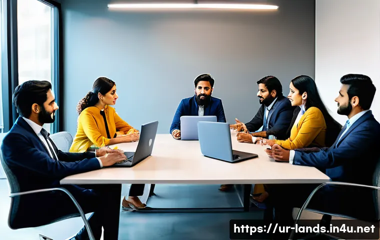 조경 프로젝트에서의 팀원 관리 전략 - A diverse professional team in a modern office setting engaged in a collaborative meeting, featuring...