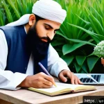 Home 22 조경 자격증 대비 모의고사 활용법 - A detailed scene of a traditional Urdu-speaking gardener studying diligently at home, surrounded by ...