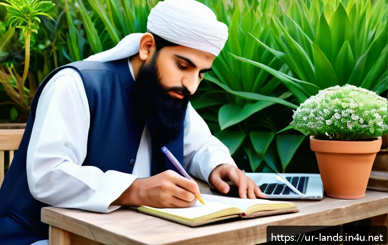 조경 자격증 대비 모의고사 활용법 - A detailed scene of a traditional Urdu-speaking gardener studying diligently at home, surrounded by ...