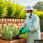 Home 21 조경 작업의 안전 관리 방법 - A detailed scene of a South Asian gardener wearing long-sleeved cotton shirt, durable pants, a wide-...