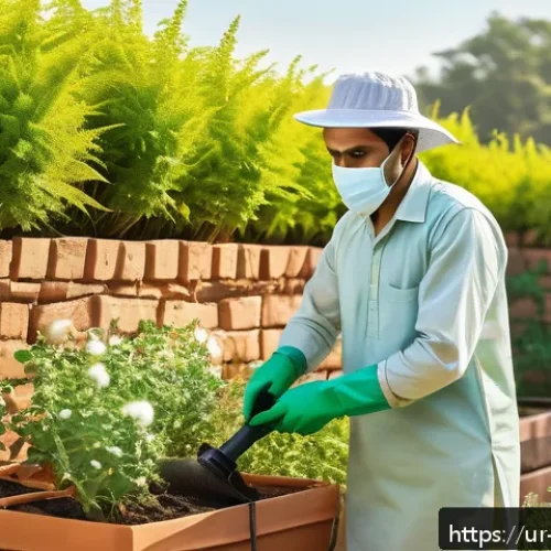 Home 33 조경 작업의 안전 관리 방법 - A detailed scene of a South Asian gardener wearing long-sleeved cotton shirt, durable pants, a wide-...