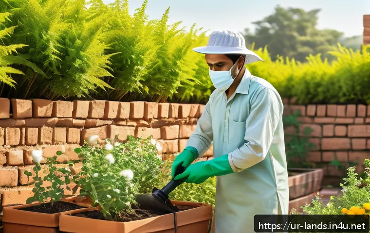 조경 작업의 안전 관리 방법 - A detailed scene of a South Asian gardener wearing long-sleeved cotton shirt, durable pants, a wide-...