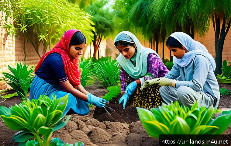 조경 학과 학생들의 추천 도서 - A vibrant educational garden scene in a Pakistani setting during daylight, featuring a diverse group...