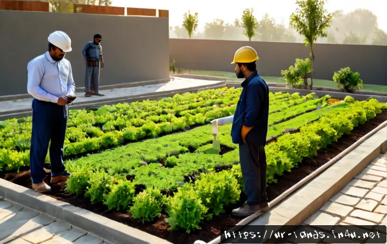 조경 시공 관리 실무 노하우 - Photorealistic landscape construction site in a modern Pakistani residential courtyard, experienced ...